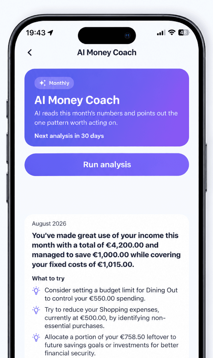 The AI Money Coach screen showing a monthly summary and three suggested changes.