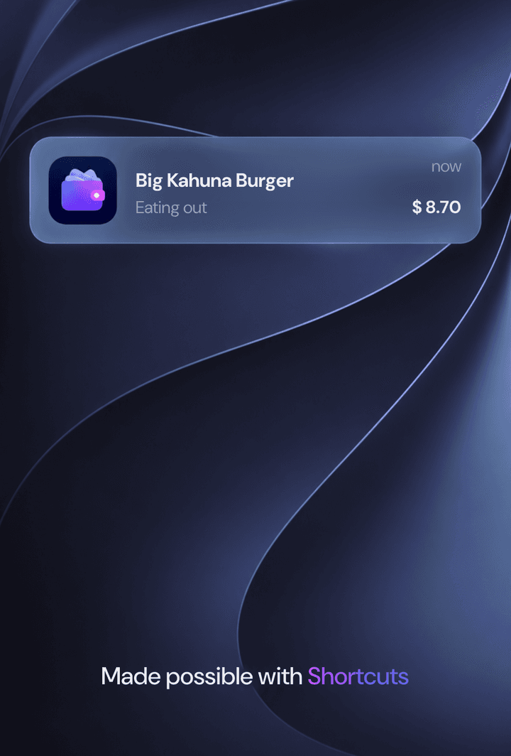 An iPhone notification reading Big Kahuna Burger, Eating out, $8.70, filed automatically after an Apple Pay purchase.