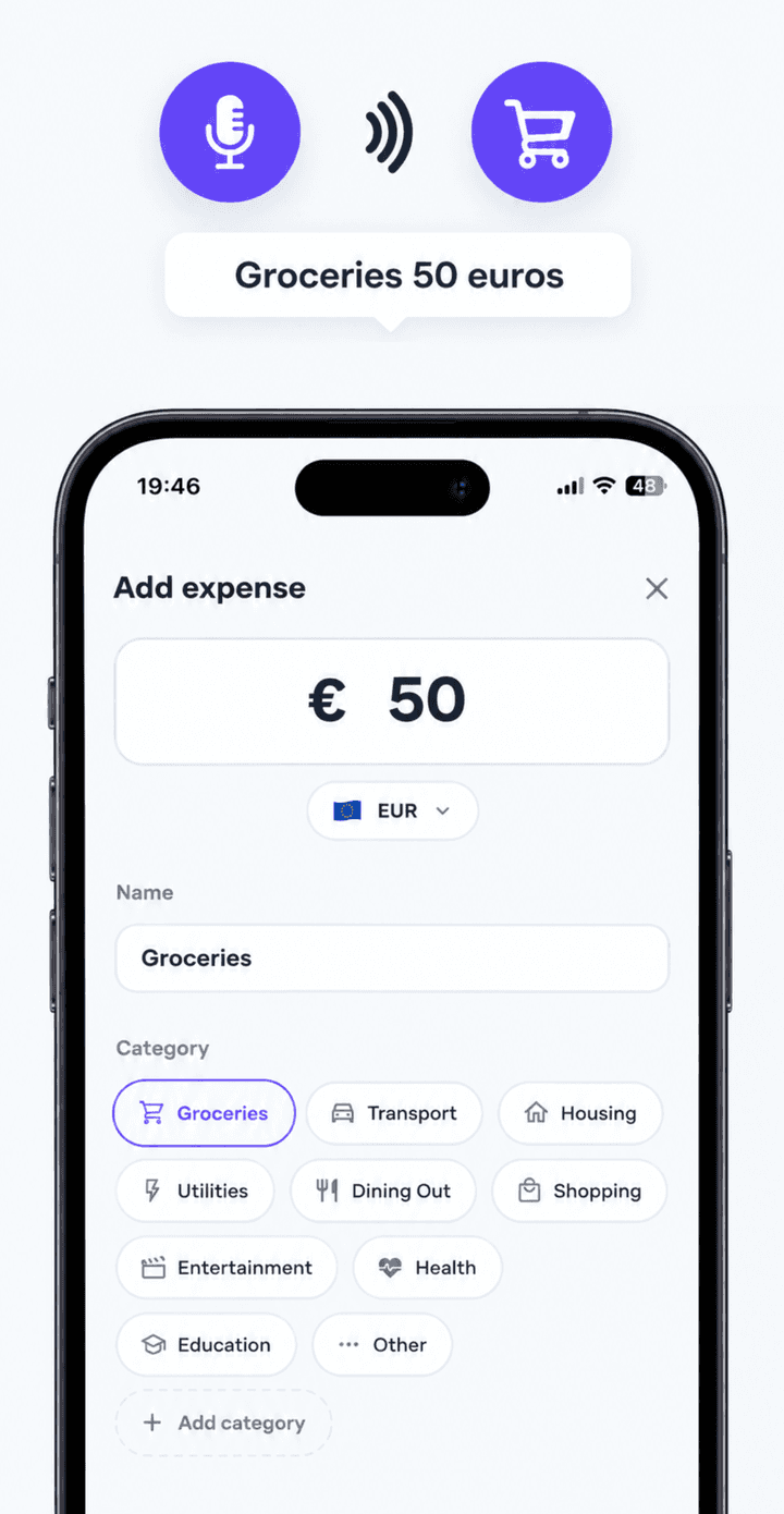 The FullWallet add-expense screen filled in from the spoken sentence "Groceries 50 euros".