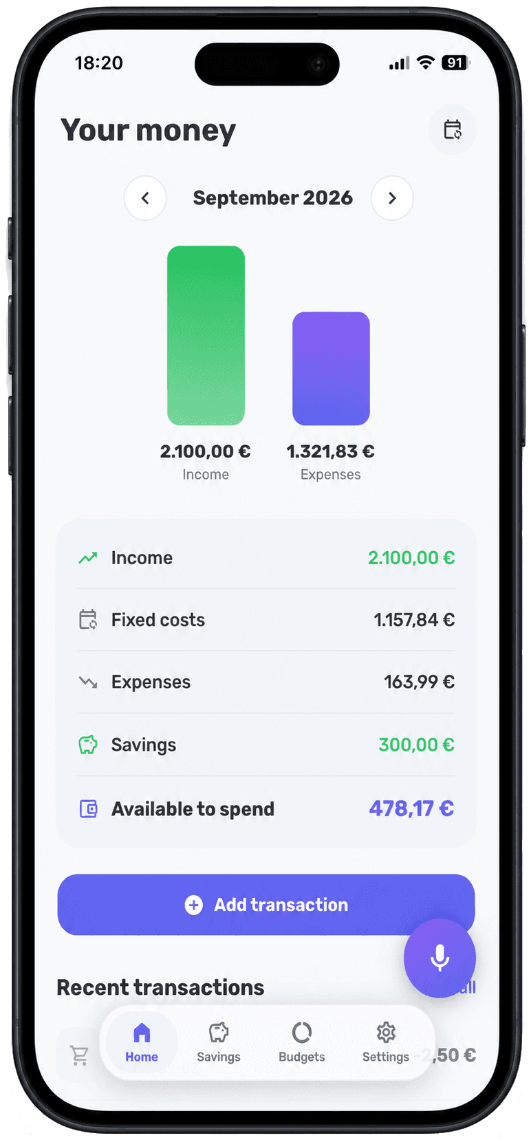 FullWallet on iPhone: September 2026 showing €2,100 income against €1,321.83 of spending, with fixed costs, savings and €478.17 available to spend.